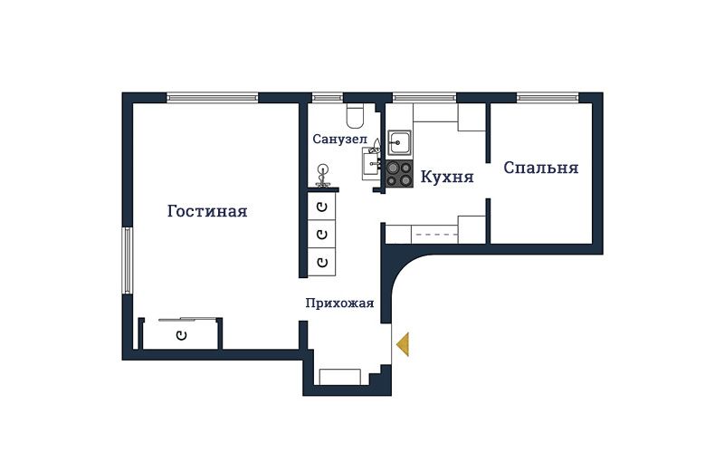 Современный интерьер двухкомнатной квартиры 45 метров: планировка и дизайн